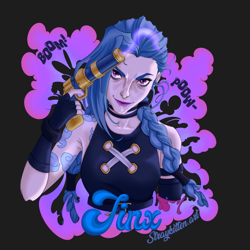 A fanart of Jinx from Arcane and League of Legends in my style, as a pin design.