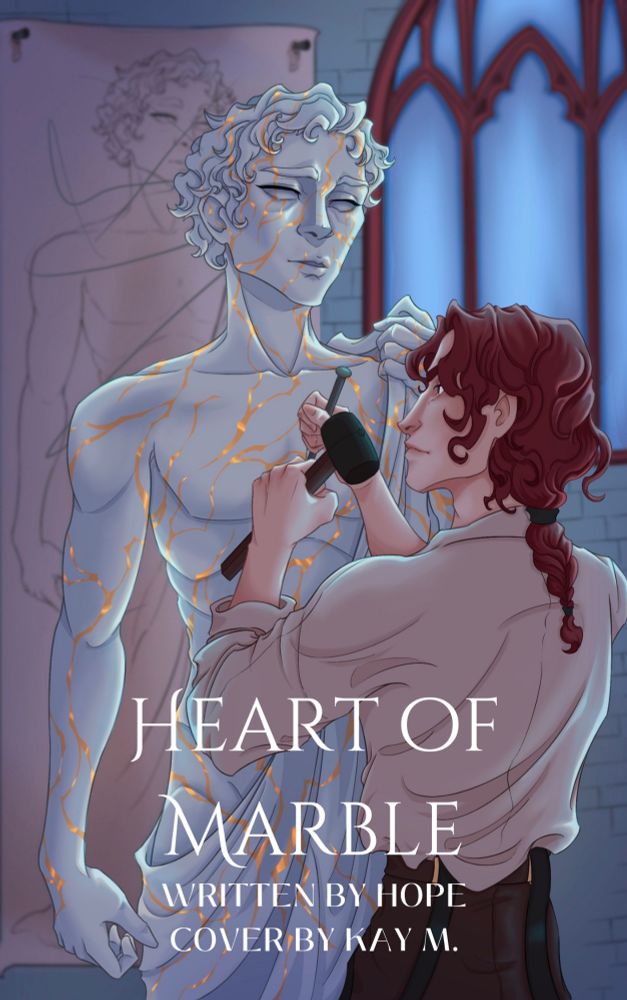 A book cover illustration depicting a man stoically working on a broken statue while the statue looks down on him with sadness. The title "Heart of Marble"