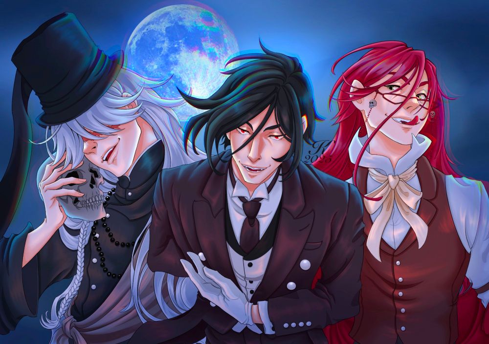 Fanart of the anime Black Butler featuring the characters of Sebastian, Grell and Undertaker drawn in my semi realistic style.