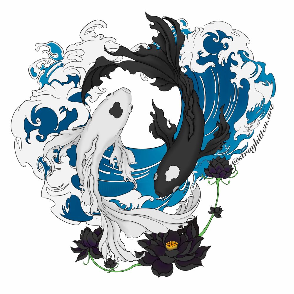 A black and white fish, circling each other, forming the yin and yang symbol 
