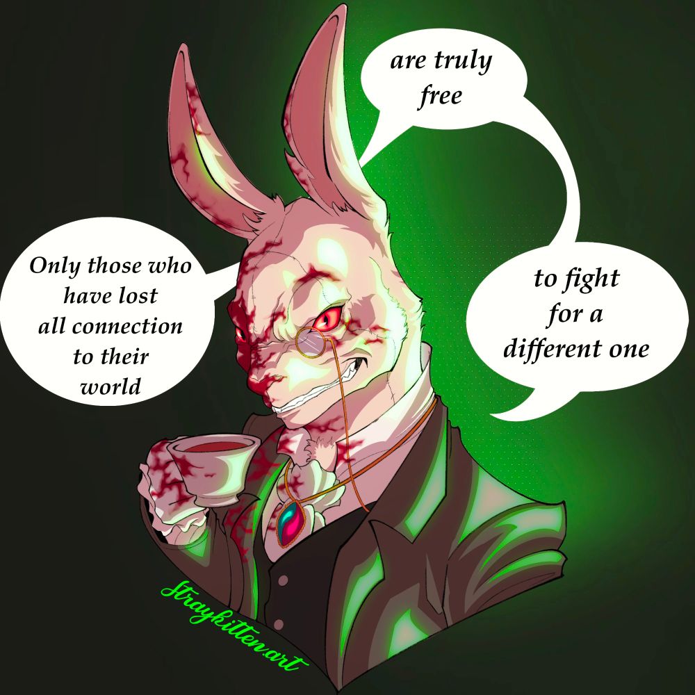 White rabbit, the antagonist from the anime Devil May Cry, smiling which sipping tea, covered in blood 