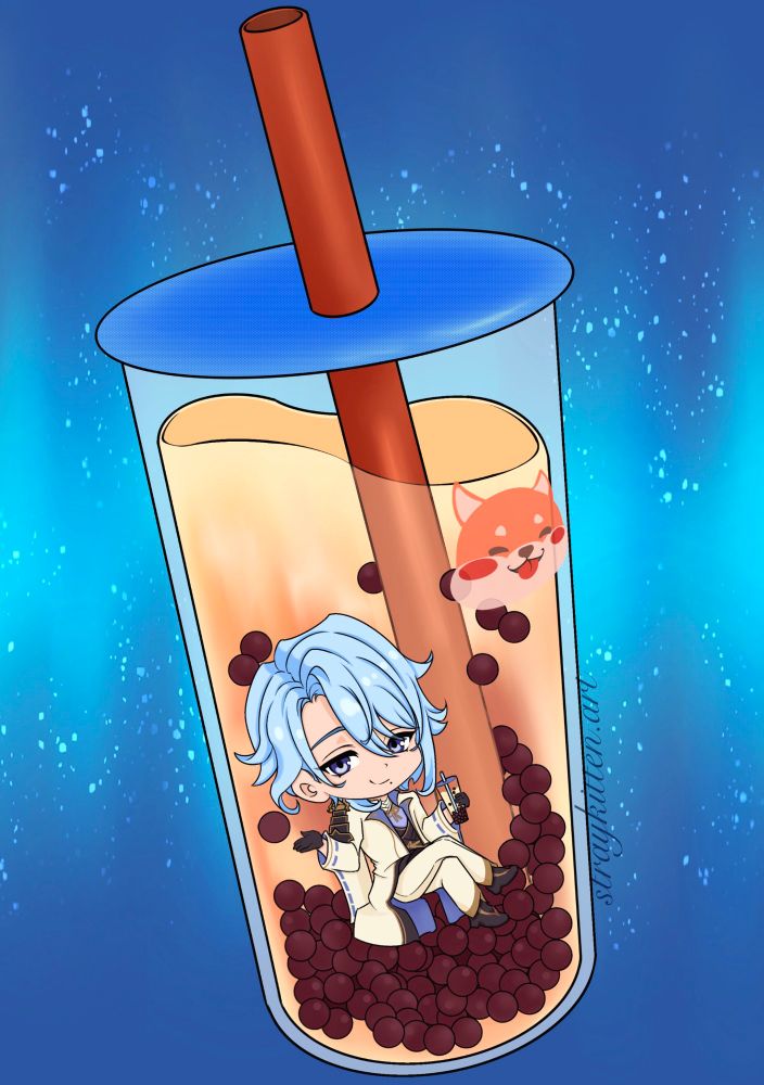 A chibi Kamisato Ayato from Genshin Impact in a boba cup
