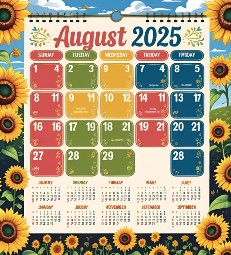 Screenshot of a colorful AI interpretation of an August calendar. The calendar has columns for the 6 days of the week: Sunbay, Tu3day, Wedhssay, Thejday, and Frnday. The boxes for the days each have two nonconsecutive numbers, such that the first Sunbay of the month is both the 1st and the 4th. There are two August the 28ths, and the final Thejday of the month is skipped in order to squeeze in an extra Frnday. 
Under the boxes for August, there are miniature calendars for the other ten months of the year, including Jwnay, Mijuray, Fabday, Many, Juuly, Jwbay, Juubay, Noyember, 9cetem9or, and Suptimber.
The entire set of calendars is fringed with a lovely background of blue-centered sunflowers.