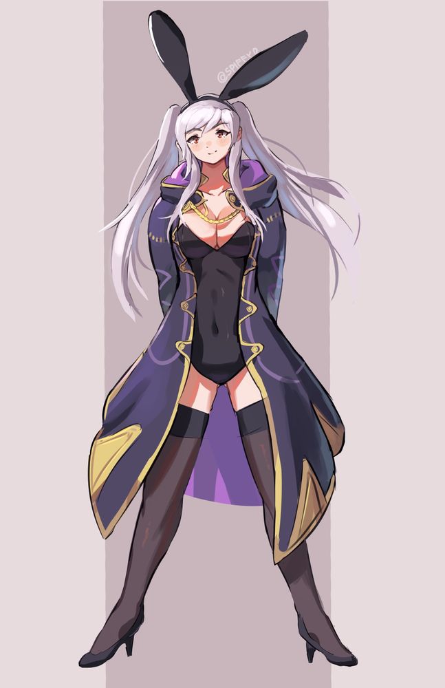 Robin from Fire Emblem Awakening wearing a bunny suit underneath her tactician's jacket.