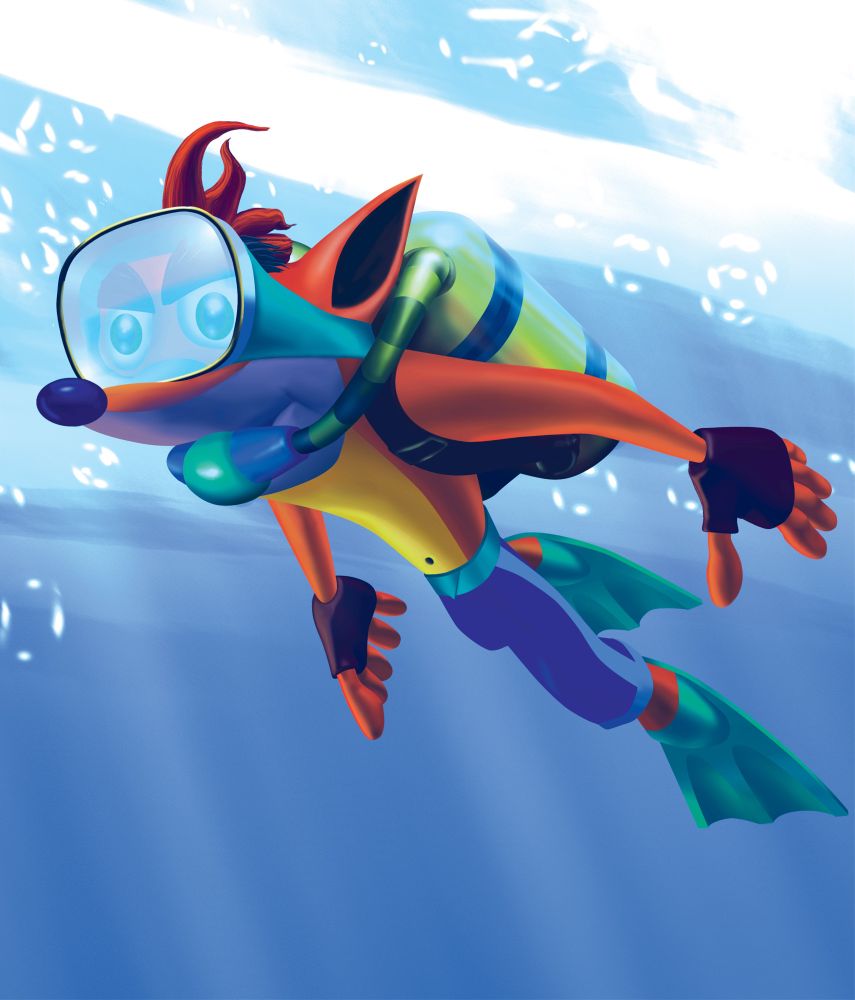 a high quality render of Crash Bandicoot wearing scuba gear under water