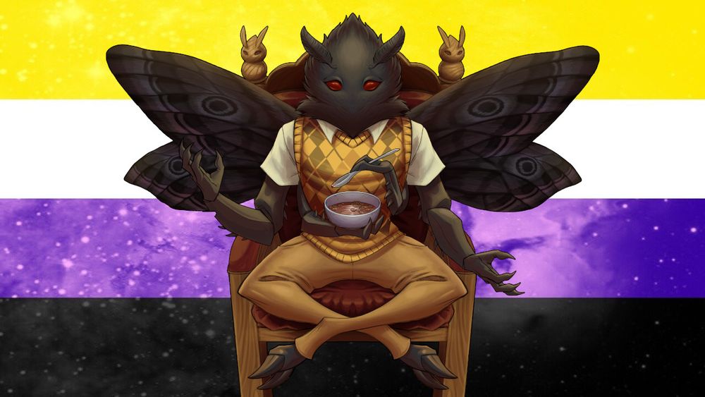 Alex Mothman sitting cross-legged on a plush, high backed wooden chair in front of a non-binary flag made of stars and nebulas. They are holding a bowl of Coco Puffs and a spoon in there small arms.
