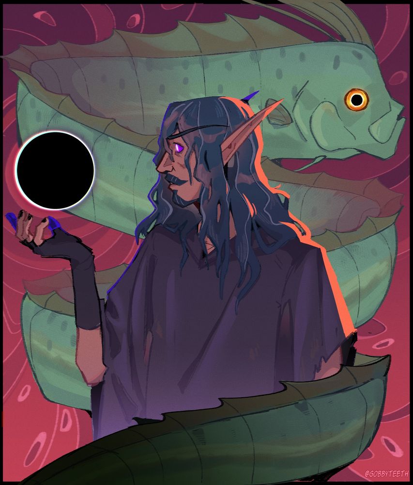 drawing of my void elf Noxandril. He's looking left in profile, at a black hole in his hand, snaking around him is an oarfish with a similar look to it's eye as the blackhole. pinkish swirly background i dunno