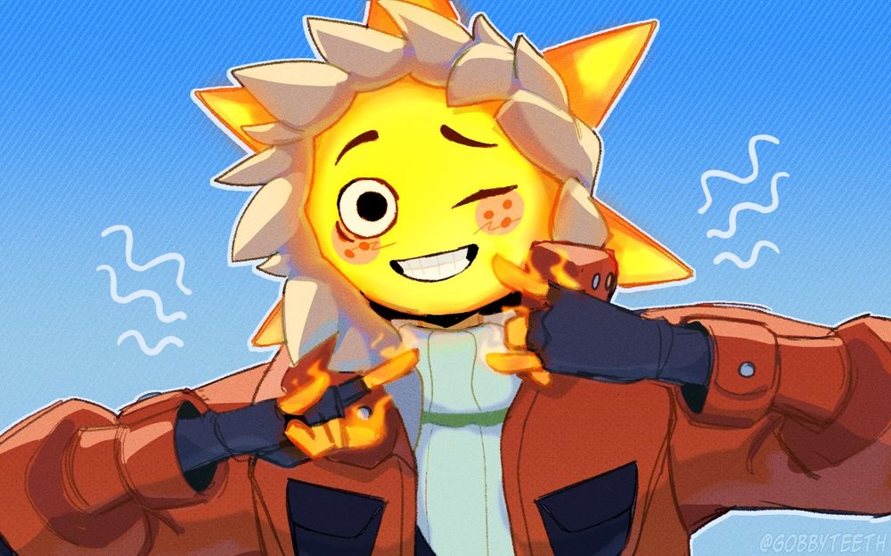 sunspot fortnite winking and smiling, hands are up pointed together like they will lock together to mimic magnets
blue backdrop