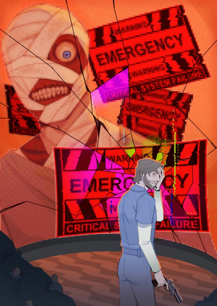mouthwashing fan art of jimmy standing infront of the big screen with emergency warnings all over it and curly looming over him, jimmy has a gun in his hand looks scared/overwhelmed and is surrounded by mouthwash