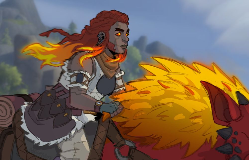 drawing of my dark iron dwrf from world of warcraft mounted on the back of a bloodhound mastiff, her companion Forge, she's riding through the isle of dorn, wind playing with her hair.