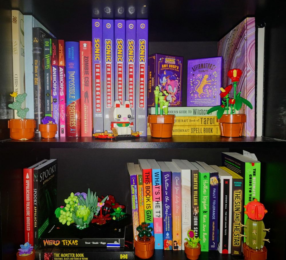 My bookshelves, showing all sorts of books ranging from the Sonic IDW Collections to graphic novels, sapphic romance, and spooky stuff. Also displayed are my tarot decks and Lego plants!