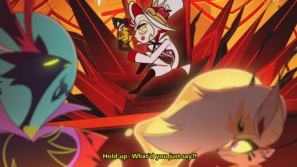 An edit of the screenshot from the Helluva Boss episode "Mastermind", of the scene where Ozzie and Bee look back at Lucifer's empty seat during Satan's part of the song. Lucifer is drawn to be sitting in his seat, hunched over as he's distractedly playing with the little rubber duck that was originally in the screenshot, though Satan's lie in the song has drawn his attention away from the duck, making him squint down towards where Satan would be standing while saying through the subtitles "Hold up- What'd you just say?!"
