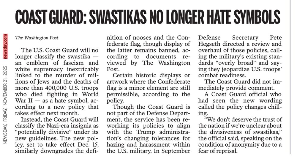 An article authored by the Washington Post stating an armed service branch no longer considers a swastika a hate symbol.