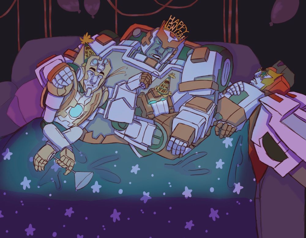 A digital illustration of Ratchet, Rung, First-aid, and Ambulon from the Transformers: More Than Meets the Eye comics. The bots are wearing New Years accessories. They are all together on a couch with everyone asleep against Ratchet. The room is dark with party decorations in the background, the bots are lit by a screen light 