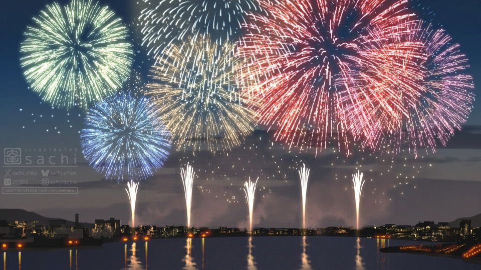 「花火大会」というお題で描いた、遠くに見える街の夜景と打ち上げ花火の絵。