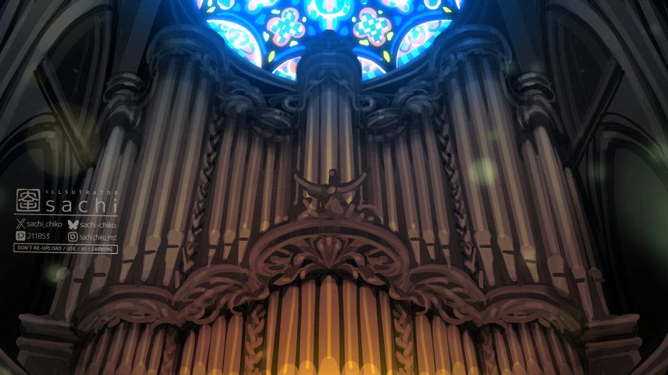 「ステンドグラス」「パイプオルガン」のお題で描いたイラスト。