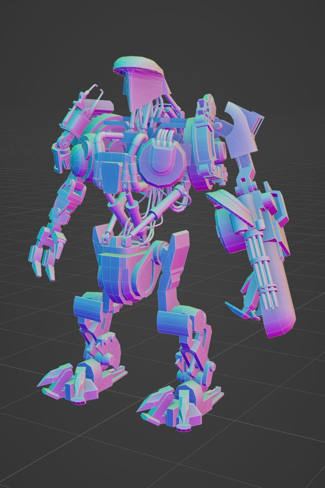 3d model wip of robocain monster robot. he looks like a bodybuilder fucked a pipeworks on a battlefield