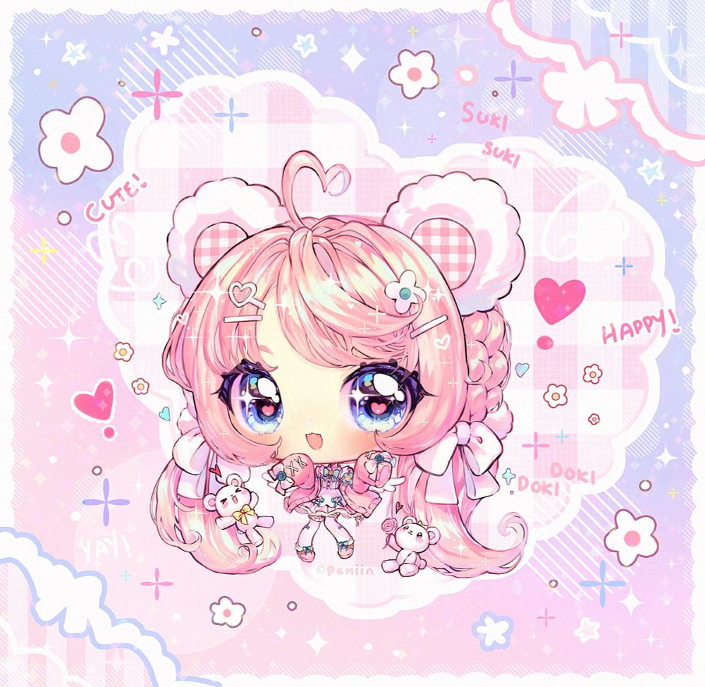 A pink-haired girl qurg blue eyes with hearts in them. She is depicted as a chibi, surrounded by her two teddy friends. she looks happy and sparkl. One teddy is jumping from excitement and the other is giving the girl a flower, looking full of love and adoration. They are surrounded by cute icons, text and lace.