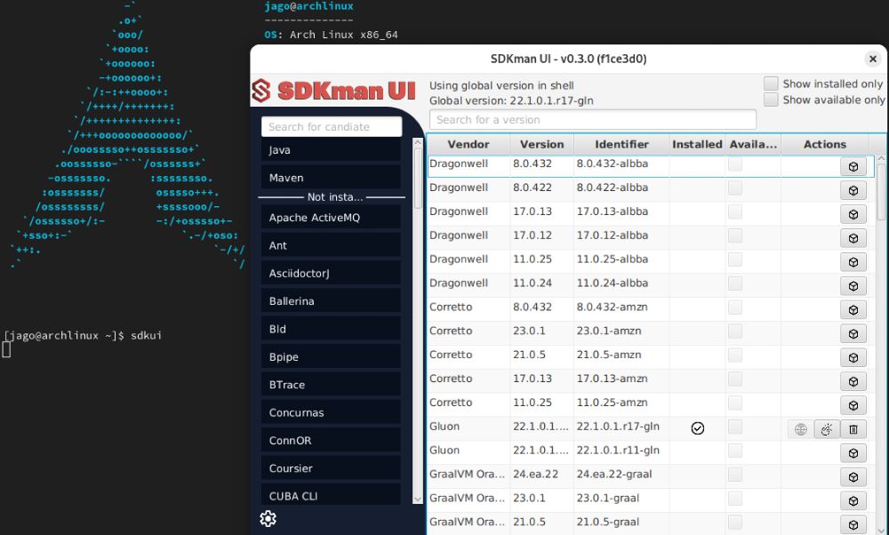 SDKman UI running in a linux arch console