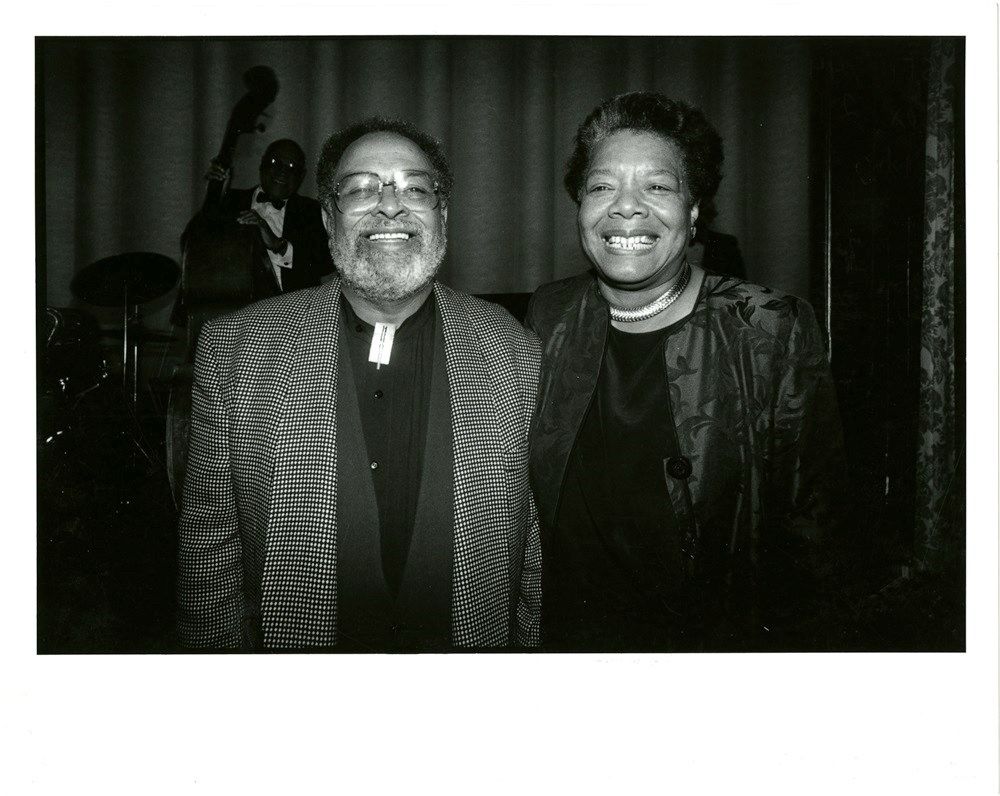 Black and white photo of Dr Angelou and Reverend Cecil Williams