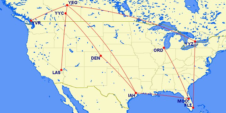 A series of aviation routes all taken by the same aircraft type.