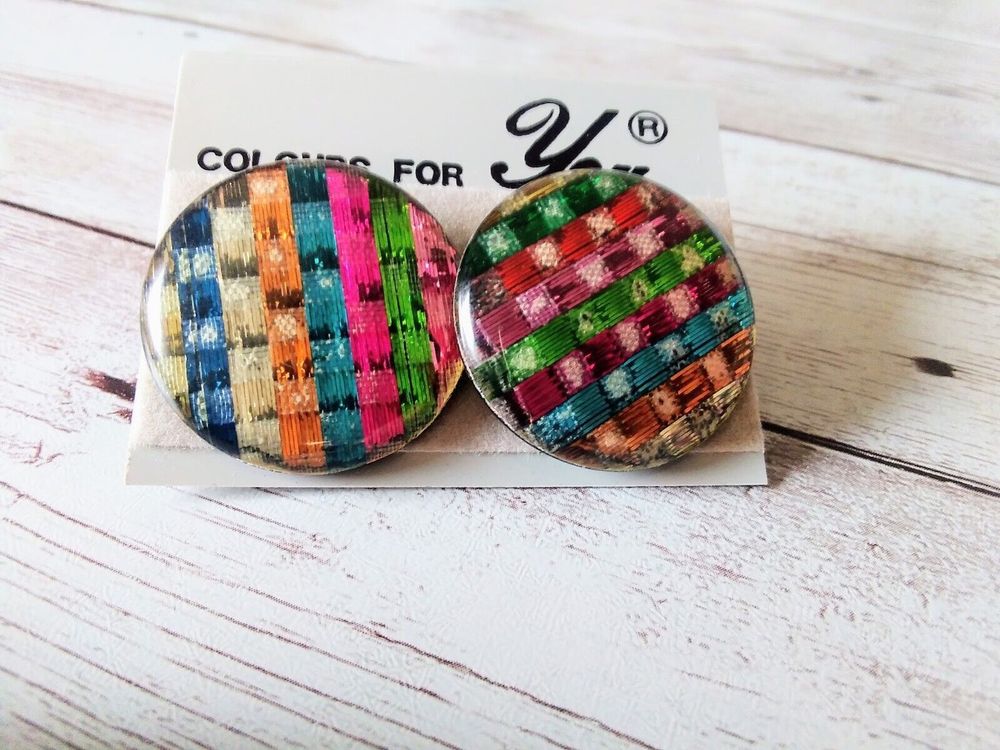 Basketweave Burst of Color 1980s Button Earrings