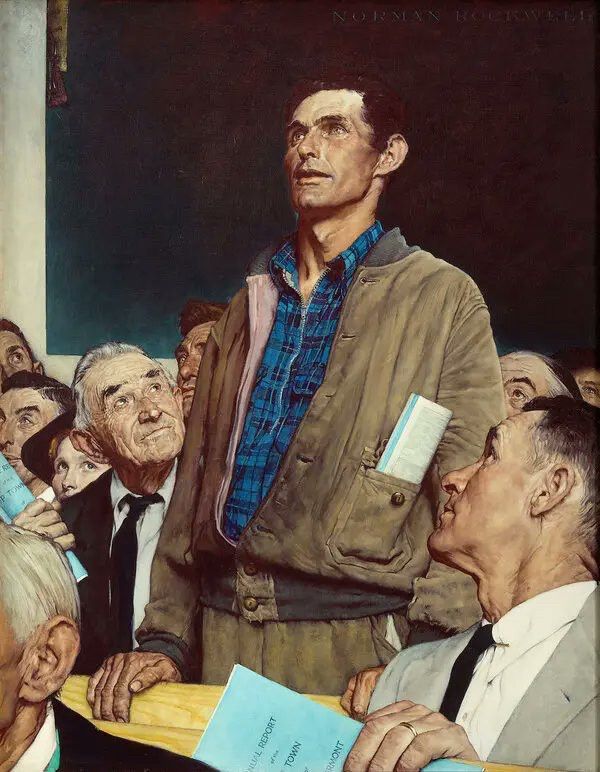 The painting Freedom of Speech by Norman Rockwell. It is an average looking working man in a blue plaid shirt, unbuttoned at the collar, brown jacket, buttoned only at the waist, and brown pants. He leans on the chair in front of him with both hands. His mouth is open and everyone around him is looking at him, but he also blends into the background. 
