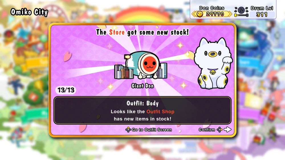 Taiko no Tatsujin: Rhythm Festival screenshot. A pop-up of a "Giant Don" outfit unlocked for the store. The outfit itself makes Don-chan look huge next to some buildings and clouds.