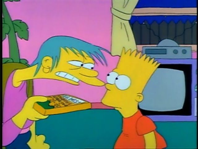 Lucille Botzcowski, the Babysitter Bandit, telling Bart that he's going to watch a tape. AKA the infamous "weirdly well animated scene".