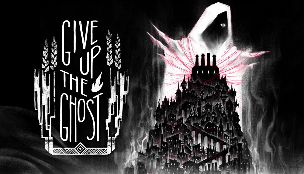 The key art for Give up the Ghost, featuring our logo as well as our protagonist, the Overseer, bound to the city of Forde.