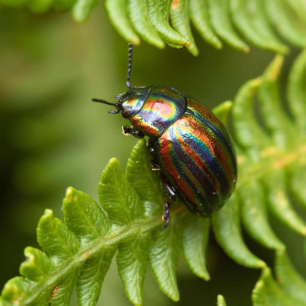 A photo of a rainbow leaf beetle surrounded by vegetation. The beetle is round in shape, dark in color, and has distinctly rainbow-colored streaks along its back. 