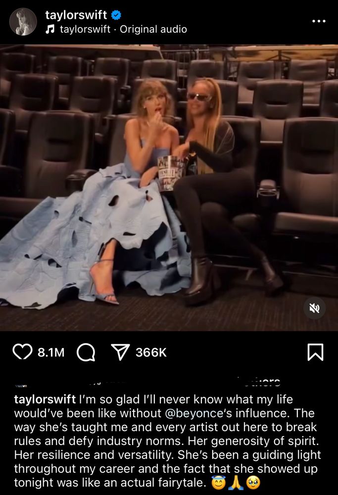 Taylor swift and Beyonce sit together in the theatre eating popcorn at the eras tour premier