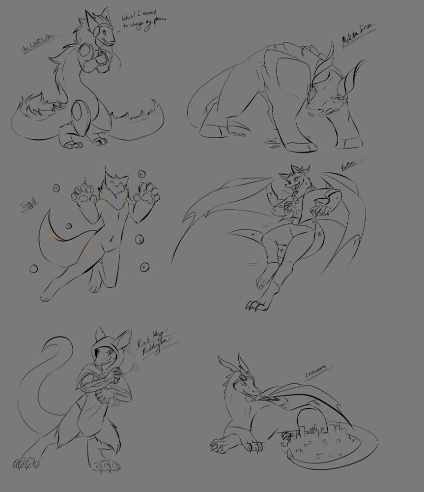 Six Digital sketches. A proto-noodle dragon charging their phone from one of their whiskers, saying "what? I needed to charge my phone." A post tf of someone into a large armored creature. a nanocritter showing their paws. a dragon dodging backwards with a grin. a rat mage casting a spell. and a macro dragon watching over a city, tail wrapped around it. 