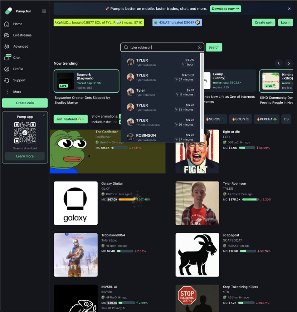 Screenshot of Pump.Fun showing a variety of Tyler Robinson tokens