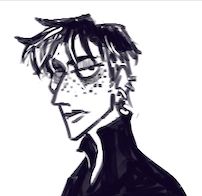 stylized drawing of a human man with prominent eyebags, an exhausted expression, messy short hair that's noticeably greying, and a prominent nose. he wears a black shirt with a high collar, open down to his upper chest.