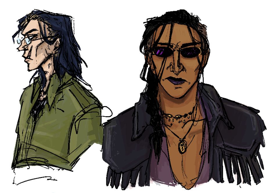 two colored and shaded, digitally sketched busts of human characters. 
on the left is a pale, lanky man in profile. his expression is flat, tired, and potentially irritable. he has sharp features, glasses, a crooked nose, and a prominent scar through his upper lip that reaches past his nose and exposes one of his front teeth. he has dark blue, shoulder length hair, blonde roots showing, messily pushed back from his face, and wears an olive green dress shirt. the top few buttons are undone, a dark undershirt visible.
on the right is a front-facing masculine person with medium brown skin, a hooked nose, and long, dark hair with shaved sides. some strands fall over their face, and their hair is pulled into an unkempt braid over one shoulder. their expression looks uncomfortable and concerned. they wear opaque, purple-tinted sunglasses, dark purple lipstick, a sheer purple shirt that's open over their chest, and a black leather jacket with fringe on the front. they have facial piercings with gold jewelry and wear two gold necklaces.