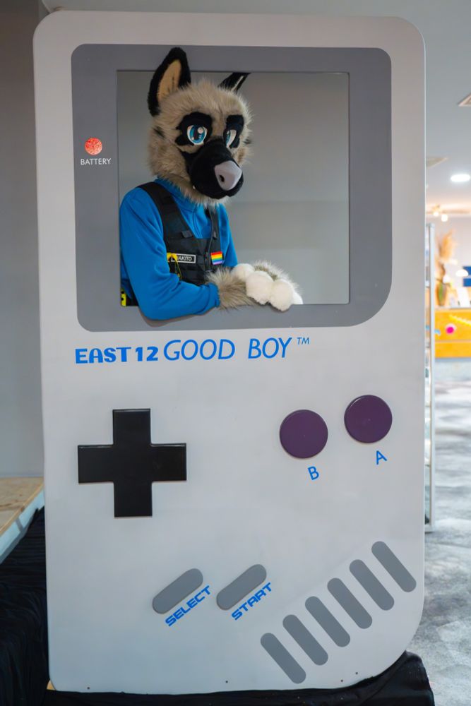 Grey and black shep suiter Hakito with his K9 vest looking through a cutout of what resembles a Gameboy, the branding on it reading "East 12 Good Boy"