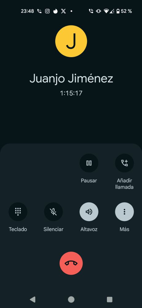Captura de pantalla mostrando la llamada con mi amigo Juanjo y la duración: 1h y cuarto.