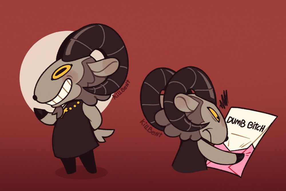 Two drawings of Bel. One has him just standing there with a hoof behind his back, and the other raised vaguely inquisitively. The other drawing has him glaring at a letter sent to him that just reads "Dumb Bitch"