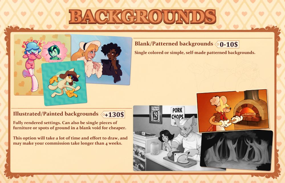 The second page for my commission sheet, the two options being blank/patterned backgrounds, and fully illustrated/painted ones.
