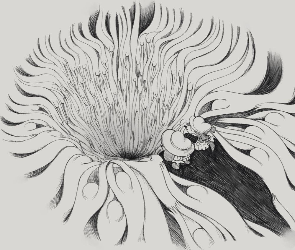A topdown sketch of Maisy and Hobble, two rubberhose dogs, standing in a void over a bottomless pit filled with ghosts flowing downwards. There are so many that aside from bits of void peeking through, it looks like the pit is made of the spirits. Maisy's expression is hidden by her hat, but Hobble looks alarmed.