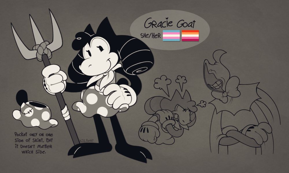 A reference sheet for Gracie Goat, a rubberhose anthropomorphic goat. Her long ears are curled, making them resemble stylized hair curls. She holds a makeshift pitchfork in one hand, with her other hand on her hip. She smiles at the viewer. On the left of her ref shows how the patchwork pocket on her skirt is only on one side. On the right is a doodle of her and Clement the Cultist. Clement's arms are crossed as he looks at Gracie smugly. Gracie meanwhile looks pissed at him, rolling up her sleeve - despite not having any - in preparation to punch him.