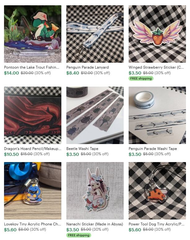 A screenshot of my online shop, with products like washi tape, phone charms, stickers and an acrylic standee and pencil case. All are on sale