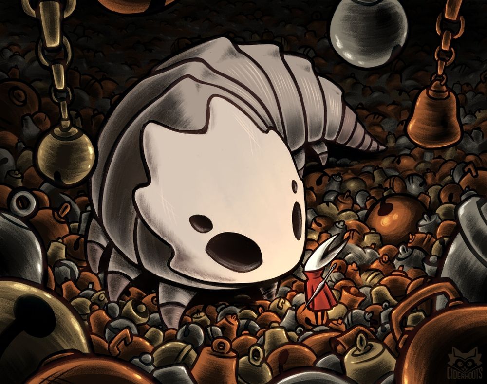 A drawing of the Bell Beast from Hollow Knight Silksong, she is surrounded by bells on the ground and hanging from above and Hornet is in front of it and is reaching to pet her