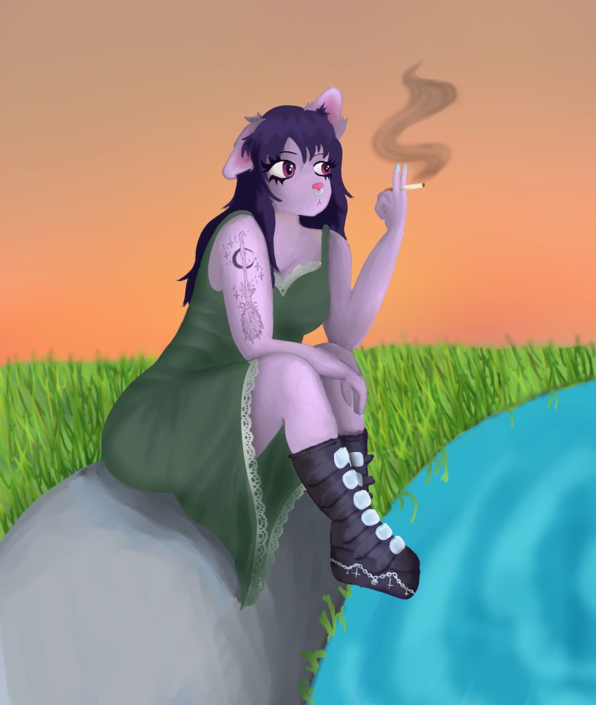 A digital painting of a purple anthro furry girl smoking a cigarette on a rock outside. She is wearing a green dress and black combat boots and her witch broom tattoo is visible on her arm.
