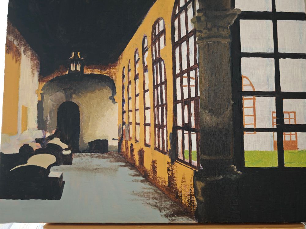 WIP oil painting of a Spanish monastery