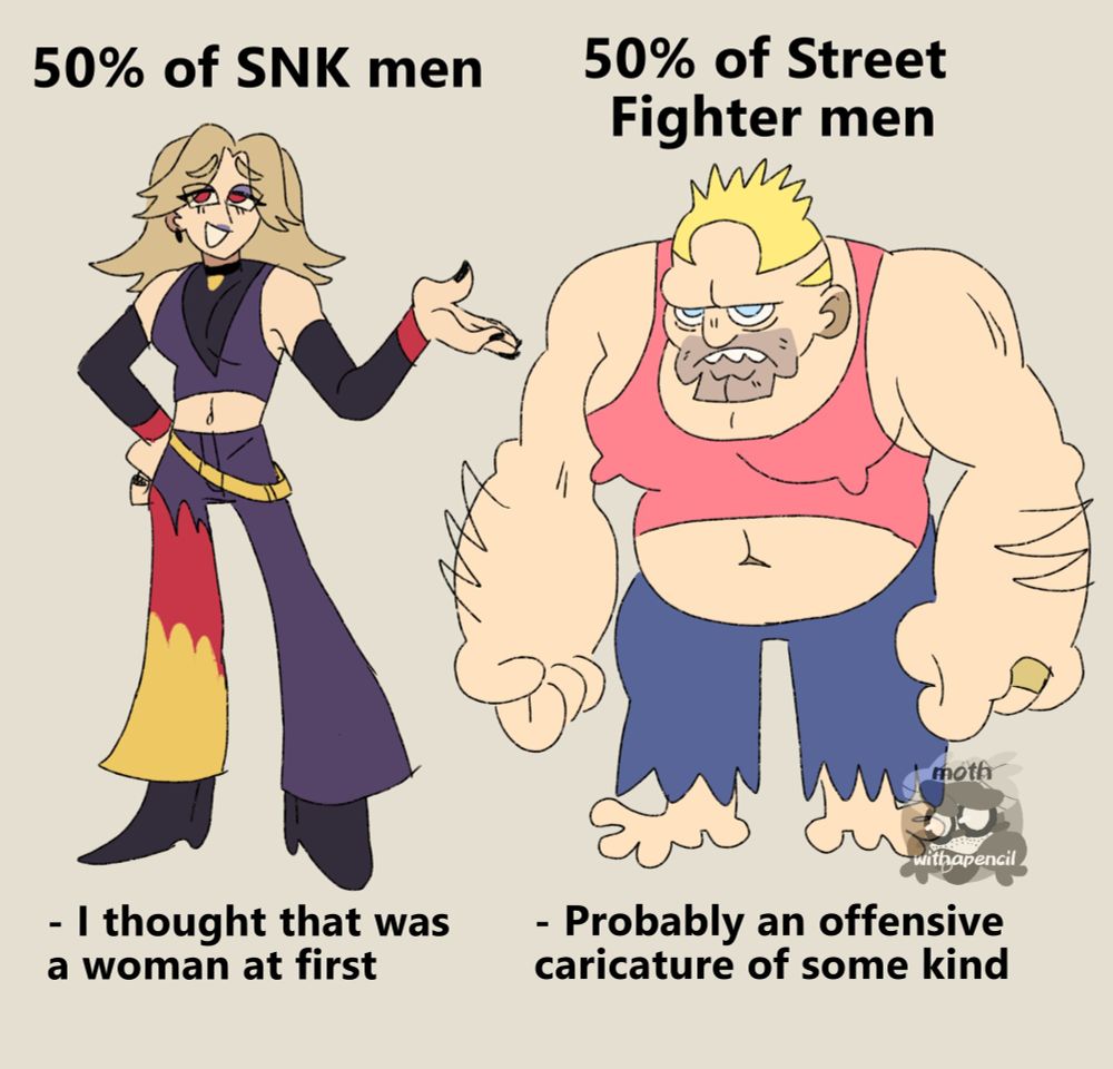 Left Side: 50% of SNK men
Bottom Left: I thought this was a woman at first

Right Side: 50% of Street Fighter Men
Bottom Right: Probably an offensive caricature of some kind
