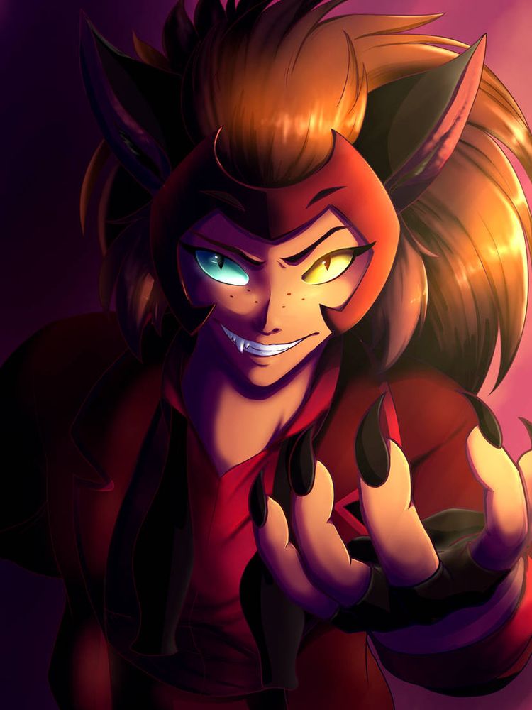 Catra from She-Ra Princess of Power (Cat girl with big fluffy hair) in her red suit, beckoning to the viewer with a mischievous grin and harsh yellow lighting and blue shadows