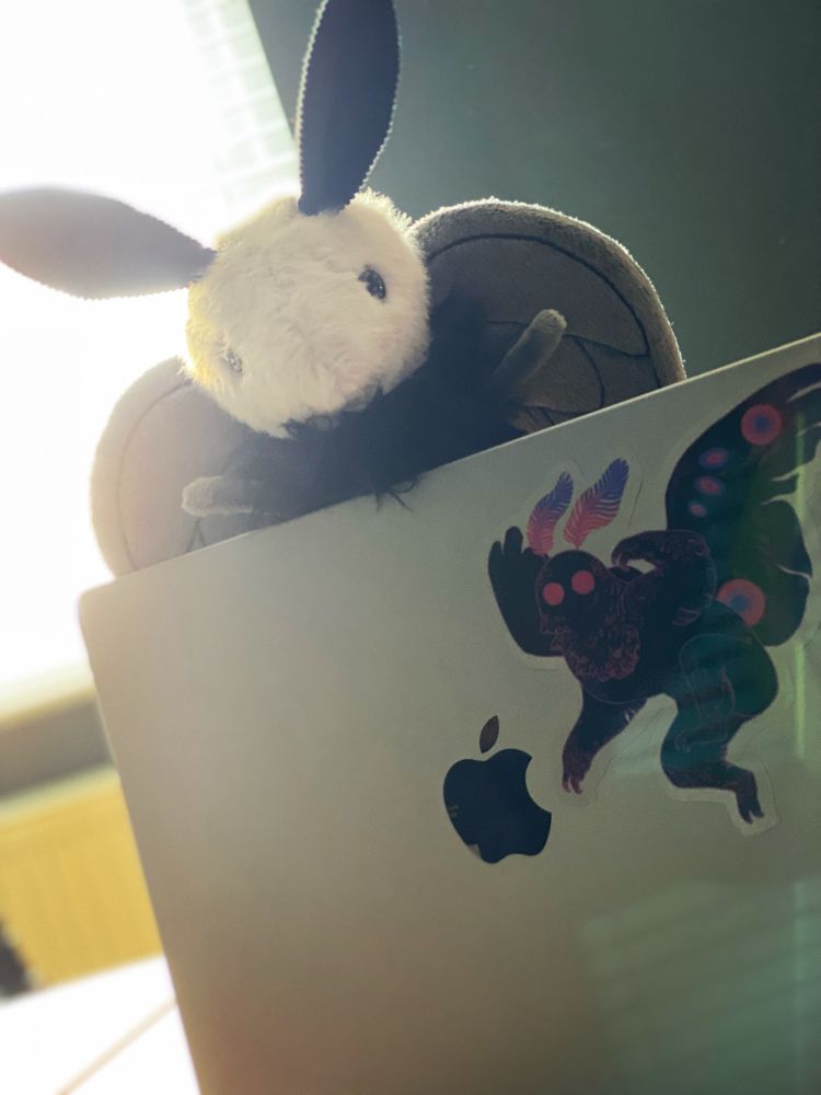 A Jellycat brand Mothman, specifically ‘Miff Mothman’ sits atop of an Apple Mac with his arms open as if in celebration. He is small, fuzzy and cute. He had black fur on his body, a white furry face with two plastic black eyes and two large corduroy antenna. He has two large grey, soft wings. On the Mac is a purple, pink and blue sticker of Mothman, looking more realistic with large wings and human like features. The Mac in on top of a wooden table in front of a window, which brightly lights the photo.  