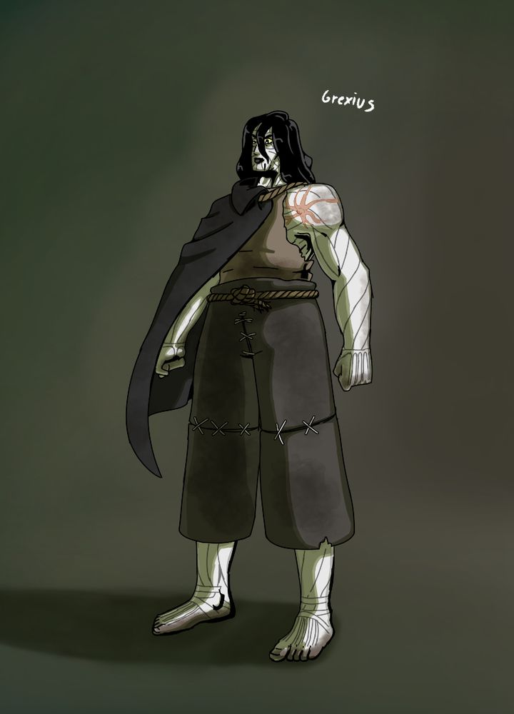 art of frankenstein's monster: use of perspective tells you the creature is twice as tall as you. He looks human has long black hair, yellow eyes, light grey-ish green-ish skin. His musculature is visible through his skin, he's very dirty particularly on his hands and feet, and he as a scar on his left shoulder, finally he's wearing dirty torn clothes a black cape over his right arm and nothing over his feet